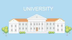 Illustration of a university building with the word "UNIVERSITY" above, featuring a classical architectural style and green trees, relevant to Guelph real estate discussions for potential buyers and families.