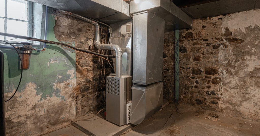 Basement heating system with a furnace and ductwork, showcasing stone walls, relevant to Guelph home heating options.