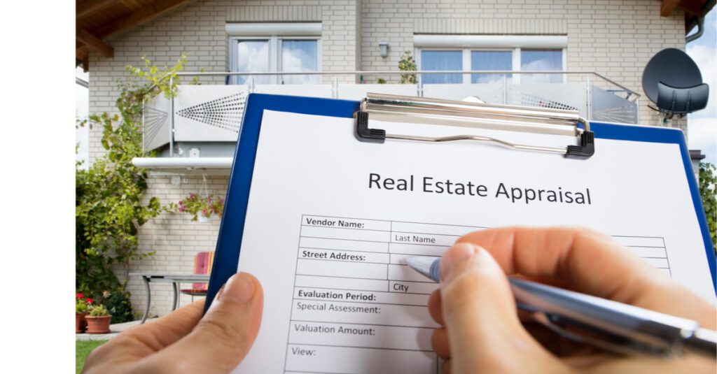 Hand holding a clipboard with a "Real Estate Appraisal" form, focusing on home appraisal process, with a residential building in the background, relevant to Guelph real estate market.