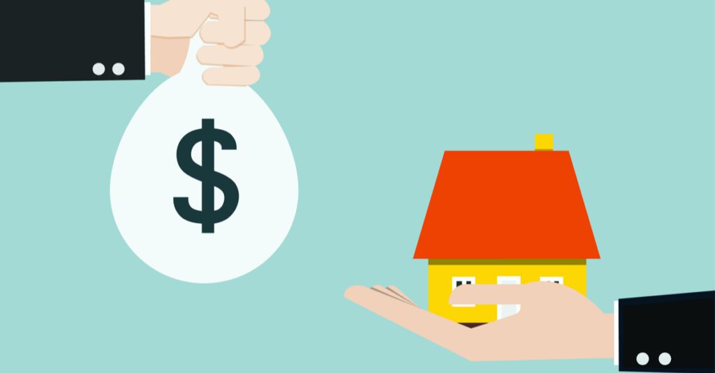 Hand holding a money bag with a dollar sign, transferring it to another hand holding a small yellow house, symbolizing real estate transactions and financial exchanges in Guelph.