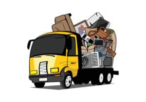 Cartoon illustration of a yellow junk removal truck filled with various items, symbolizing reliable junk removal services in Guelph.